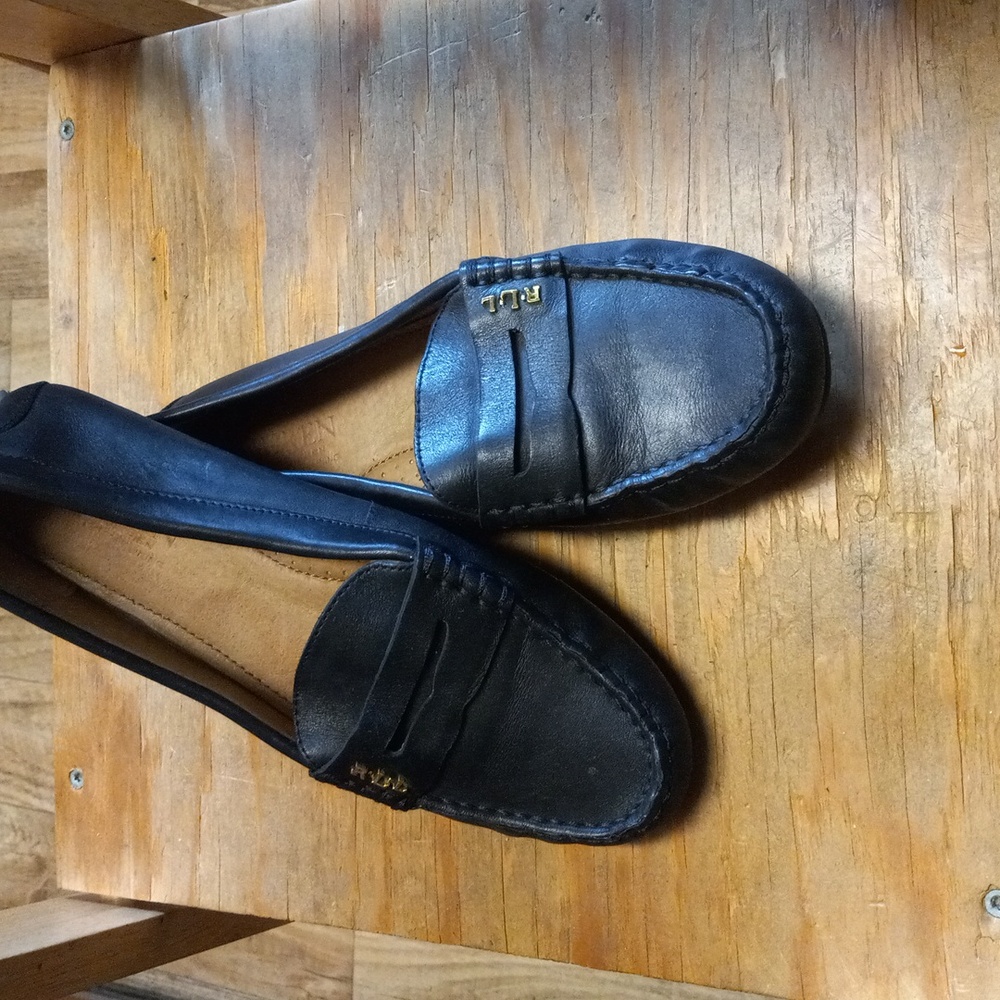 Ralph Lauren Belen Black Leather Slip On Driving Shoe Flat Loafers